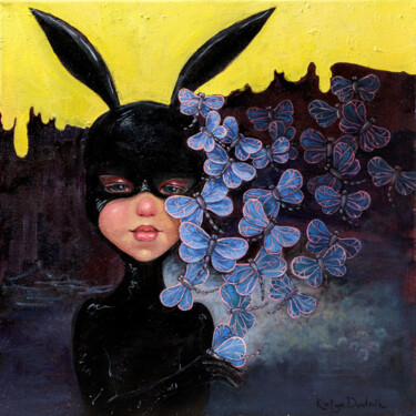 Painting titled "Black Rabbit" by Katya Dudnik, Original Artwork, Oil