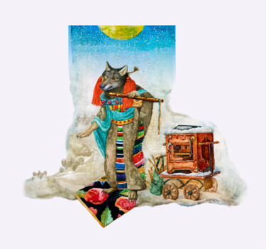 Arte digitale intitolato "moon and fox" da Serghei Bucur, Opera d'arte originale, Acquarello