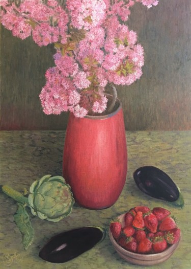 Painting titled "Entre rose et rouge" by Balázs Buda, Original Artwork, Oil