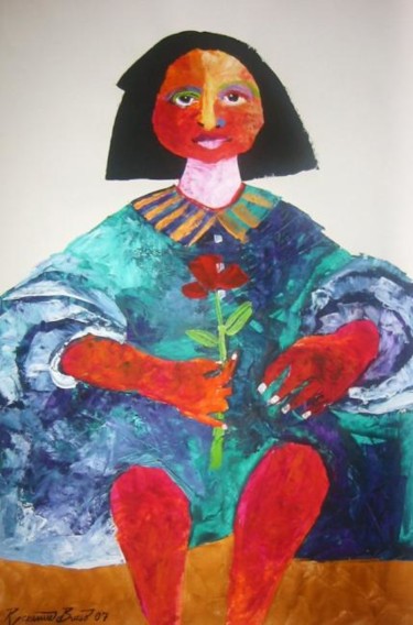 Pintura intitulada ""Menina com papoila"" por Roxanne Bueso, Obras de arte originais