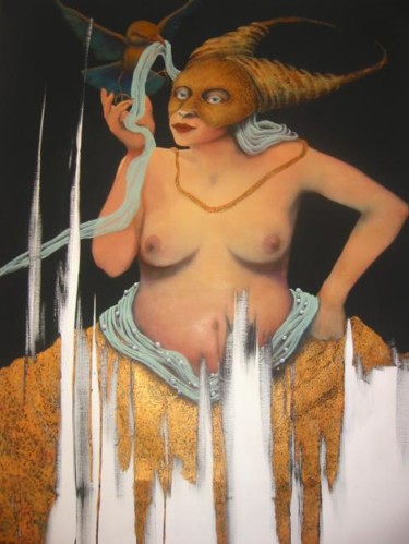 Pintura intitulada ""Mulher com pássaro"" por Roxanne Bueso, Obras de arte originais