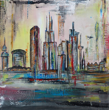 Painting titled "Frankfurt Skyline a…" by Burgstallers-Art - Alexandra Brehm, Original Artwork, Acrylic Mounted on Wood Stre…