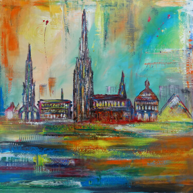 Malerei mit dem Titel "Ulmer Skyline abstr…" von Burgstallers-Art - Alexandra Brehm, Original-Kunstwerk, Acryl Auf Keilrahme…
