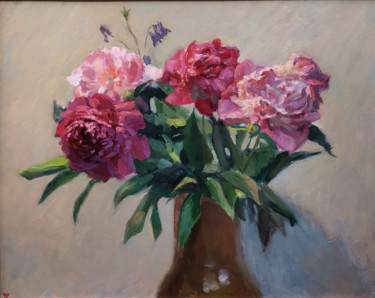 Painting titled "Bouquet of pink peo…" by Aleksey Burov, Original Artwork, Oil
