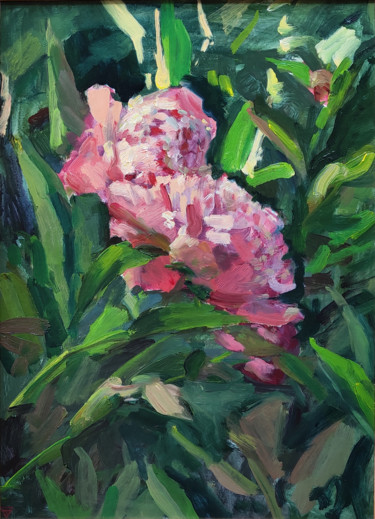 Painting titled "Pink peonies in the…" by Aleksey Burov, Original Artwork, Oil