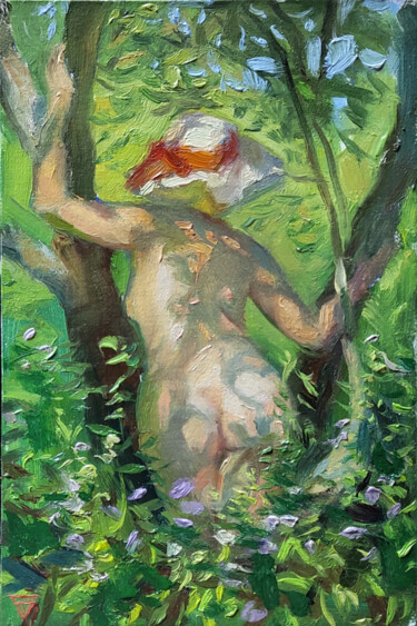 Schilderij getiteld "Nude girl in the ga…" door Aleksey Burov, Origineel Kunstwerk, Olie