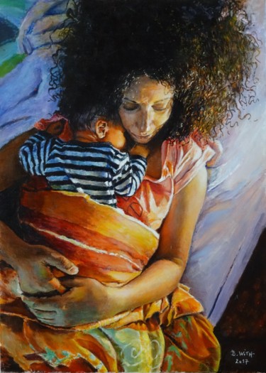 Painting titled "-tendresse-avec Mae…" by Brigitte With (B.WITH), Original Artwork