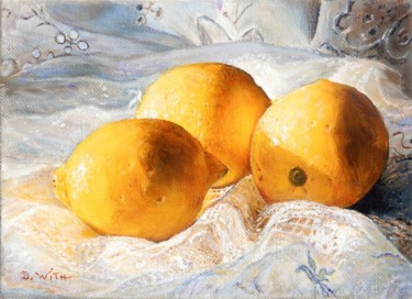 Peinture intitulée "Trois-citrons-1f-22…" par Brigitte With (B.WITH), Œuvre d'art originale, Huile