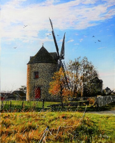 Painting titled "Le moulin des Mondr…" by Brigitte With (B.WITH), Original Artwork, Oil Mounted on Wood Stretcher frame