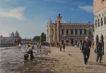 Painting titled "La-piazzetta-à-Veni…" by Brigitte With (B.WITH), Original Artwork, Oil Mounted on Wood Stretcher frame