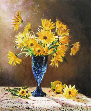 Malarstwo zatytułowany „Bouquet-jaune” autorstwa Brigitte With (B.WITH), Oryginalna praca, Olej Zamontowany na Drewniana ram…