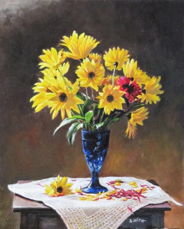 Painting titled "Bouquet-jaune-à-la-…" by Brigitte With (B.WITH), Original Artwork, Oil Mounted on Wood Stretcher frame