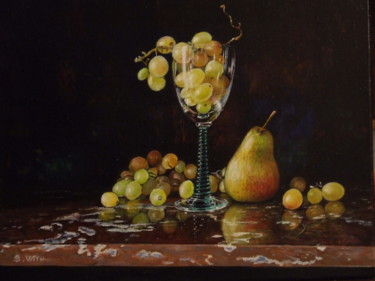 Painting titled "Verre de raisins et…" by Brigitte With (B.WITH), Original Artwork, Oil Mounted on Wood Stretcher frame