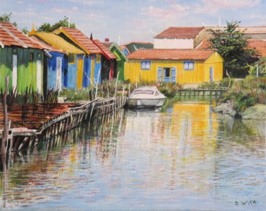 Peinture intitulée "Cabanes-de-pecheurs…" par Brigitte With (B.WITH), Œuvre d'art originale, Huile