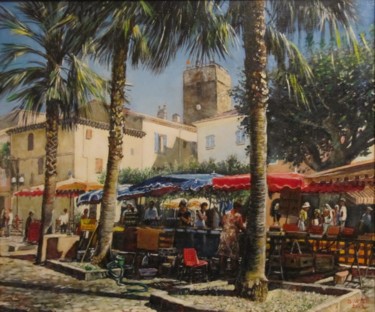 Painting titled "Le-marché-de-St-Rap…" by Brigitte With (B.WITH), Original Artwork, Oil Mounted on Wood Stretcher frame