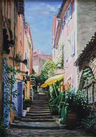 Painting titled "L'escalier,Bormes-l…" by Brigitte With (B.WITH), Original Artwork, Oil Mounted on Wood Stretcher frame