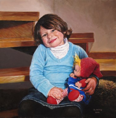 Painting titled "Lilou-et-sa-poupee-…" by Brigitte With (B.WITH), Original Artwork, Oil