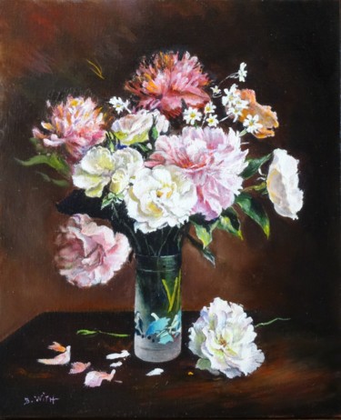 Painting titled "roses-blanches-et-p…" by Brigitte With (B.WITH), Original Artwork, Oil Mounted on Wood Stretcher frame