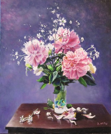 Pintura intitulada "trois-pivoines-roses" por Brigitte With (B.WITH), Obras de arte originais, Óleo