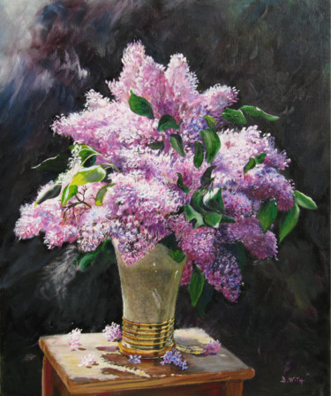 Painting titled "lilas-au-vase-de-gr…" by Brigitte With (B.WITH), Original Artwork, Oil