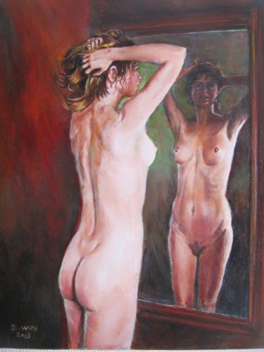 Peinture intitulée "Nu au miroir" par Brigitte With (B.WITH), Œuvre d'art originale, Huile