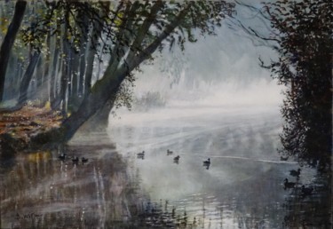 Painting titled "Brume sur la Juine…" by Brigitte With (B.WITH), Original Artwork, Oil