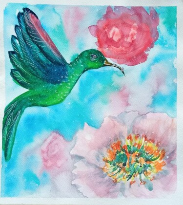 Drawing titled "Hummingbird" by By Tata, Original Artwork, Watercolor