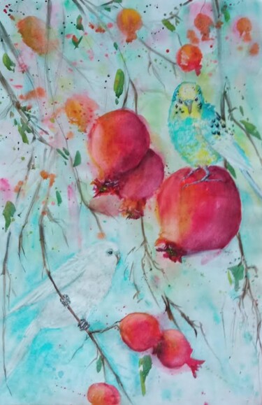Dessin intitulée "Pomegranate and par…" par By Tata, Œuvre d'art originale, Aquarelle