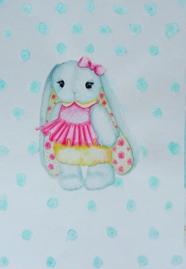 Drawing titled "Bunny Rose" by By Tata, Original Artwork, Watercolor