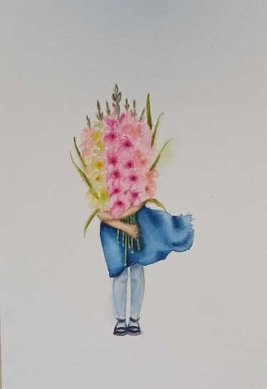 Zeichnungen mit dem Titel "Girl with flowers" von By Tata, Original-Kunstwerk, Aquarell