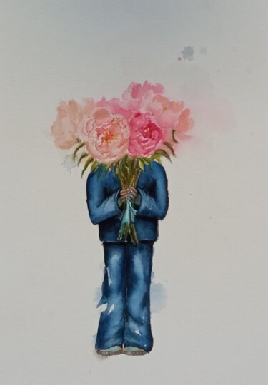 Tekening getiteld "Doy with flowers" door By Tata, Origineel Kunstwerk, Aquarel