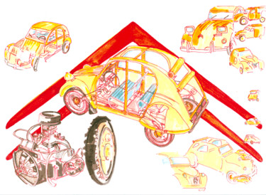 Drawing titled "2cv-moteur" by Byam Le Bot, Original Artwork, Marker