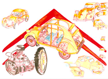 Dessin intitulée "2cv-moteur" par Byam Le Bot, Œuvre d'art originale, Marqueur