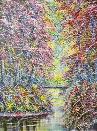 Картина под названием "Лесная речка" - Юрий Быков, Подлинное произведение искусства, Акрил Установлен на Деревянная рама для…
