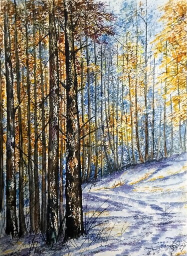 Картина под названием "Первый снег в лесу" - Юрий Быков, Подлинное произведение искусства, Акварель