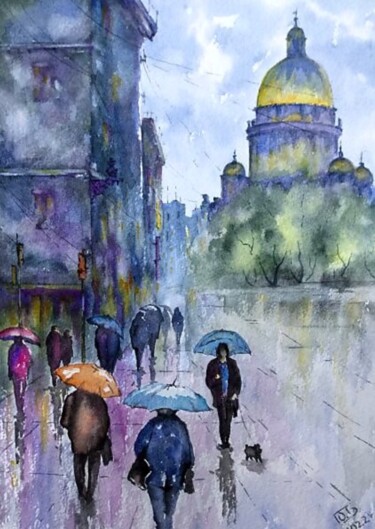 Ζωγραφική με τίτλο "«Дождь в городе»" από Юрий Быков, Αυθεντικά έργα τέχνης, Ακουαρέλα Τοποθετήθηκε στο Χαρτόνι