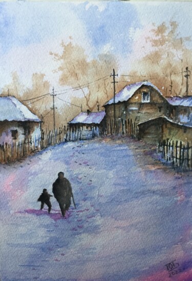 Картина под названием "Деревня" - Юрий Быков, Подлинное произведение искусства, Акварель