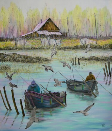 「Рыбаки」というタイトルの絵画 Юрий Быковによって, オリジナルのアートワーク, オイル