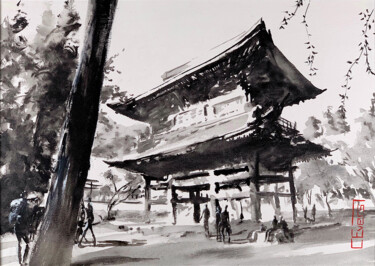 Painting titled "Open Shintō Shrine" by Christian Evers, Original Artwork, Gouache Mounted on Wood Panel
