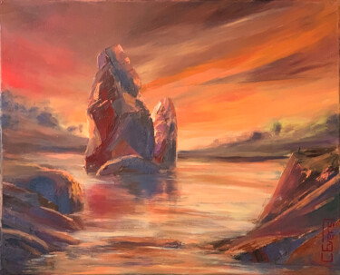 Painting titled "Silent Rocks No.2" by Christian Evers, Original Artwork, Oil Mounted on Wood Stretcher frame