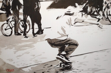 Drawing titled "Skate No. 21" by Christian Evers, Original Artwork, Ink Mounted on Wood Panel