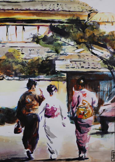 Painting titled "Three Geishas in Di…" by Christian Evers, Original Artwork, Watercolor Mounted on Wood Panel