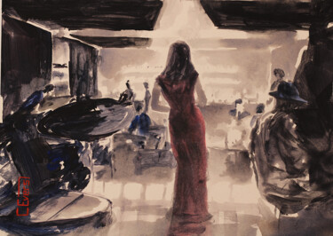 Painting titled "Mood n ´ Jazz No. 3" by Christian Evers, Original Artwork, Watercolor Mounted on Wood Panel