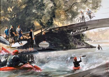 Painting titled "Raft Side Summer No…" by Christian Evers, Original Artwork, Watercolor Mounted on Wood Panel