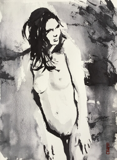 Tekening getiteld "Nude Study No. 40" door Christian Evers, Origineel Kunstwerk, Aquarel Gemonteerd op Houten paneel