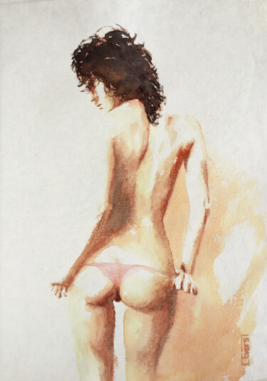 Zeichnungen mit dem Titel "Pose No. 7" von Christian Evers, Original-Kunstwerk, Aquarell Auf Holzplatte montiert