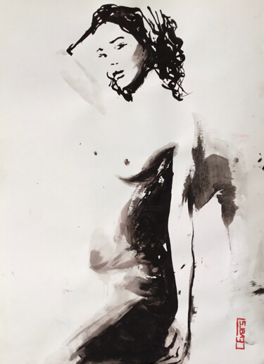 Drawing titled "Nude Study No. 5" by Christian Evers, Original Artwork, Ink Mounted on Wood Panel