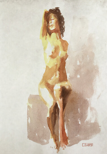 Painting titled "Pose No. 41" by Christian Evers, Original Artwork, Watercolor Mounted on Wood Panel