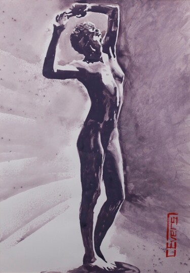 Painting titled "Pose Nr. 14" by Christian Evers, Original Artwork, Watercolor Mounted on Wood Panel