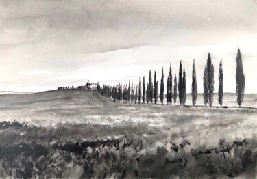 Painting titled "Somewhere in Tuscany" by Christian Evers, Original Artwork, Ink Mounted on Wood Panel